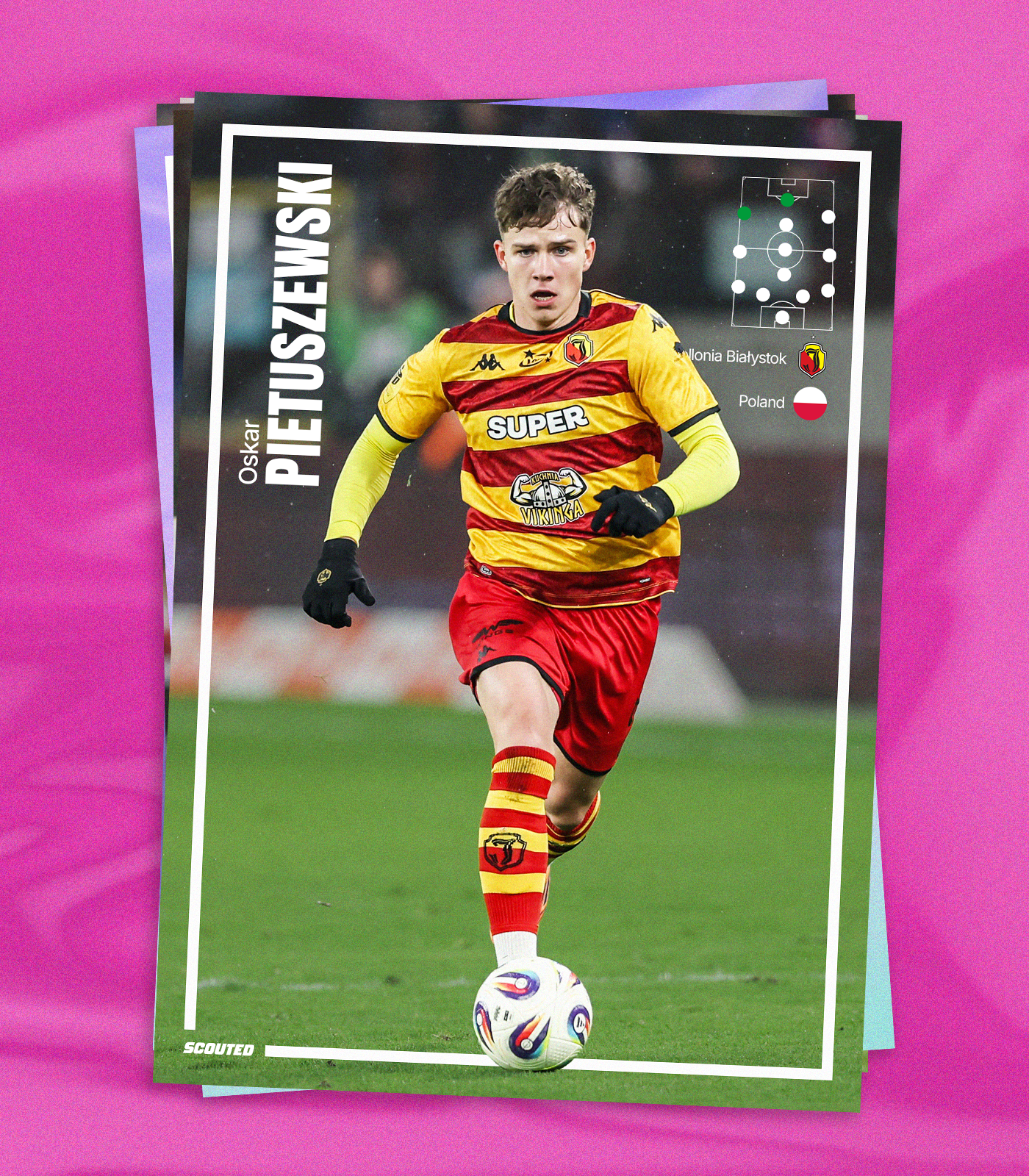 Trading card graphic of Jagiellonia Bialystok's Oskar Pietuszewski