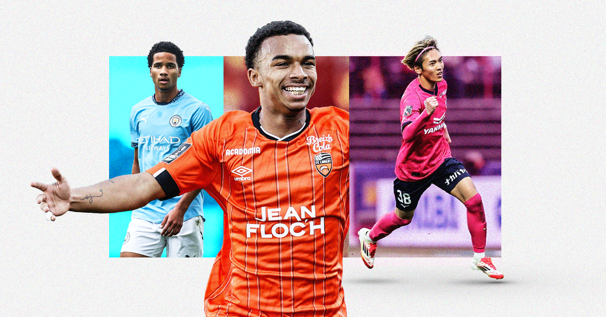 Graphic featuring photos of Manchester City's Divine Mukasa, Lorient's Eli Junior Kroupi and Cerezo Osaka's Sota Kitano