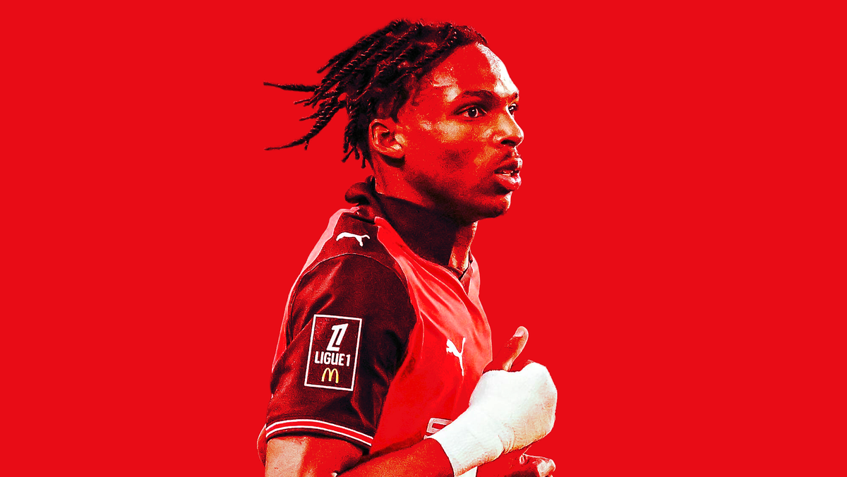 Red graphoc featuring a close up photo of Jérémy Jacquet playing for Stade Rennais